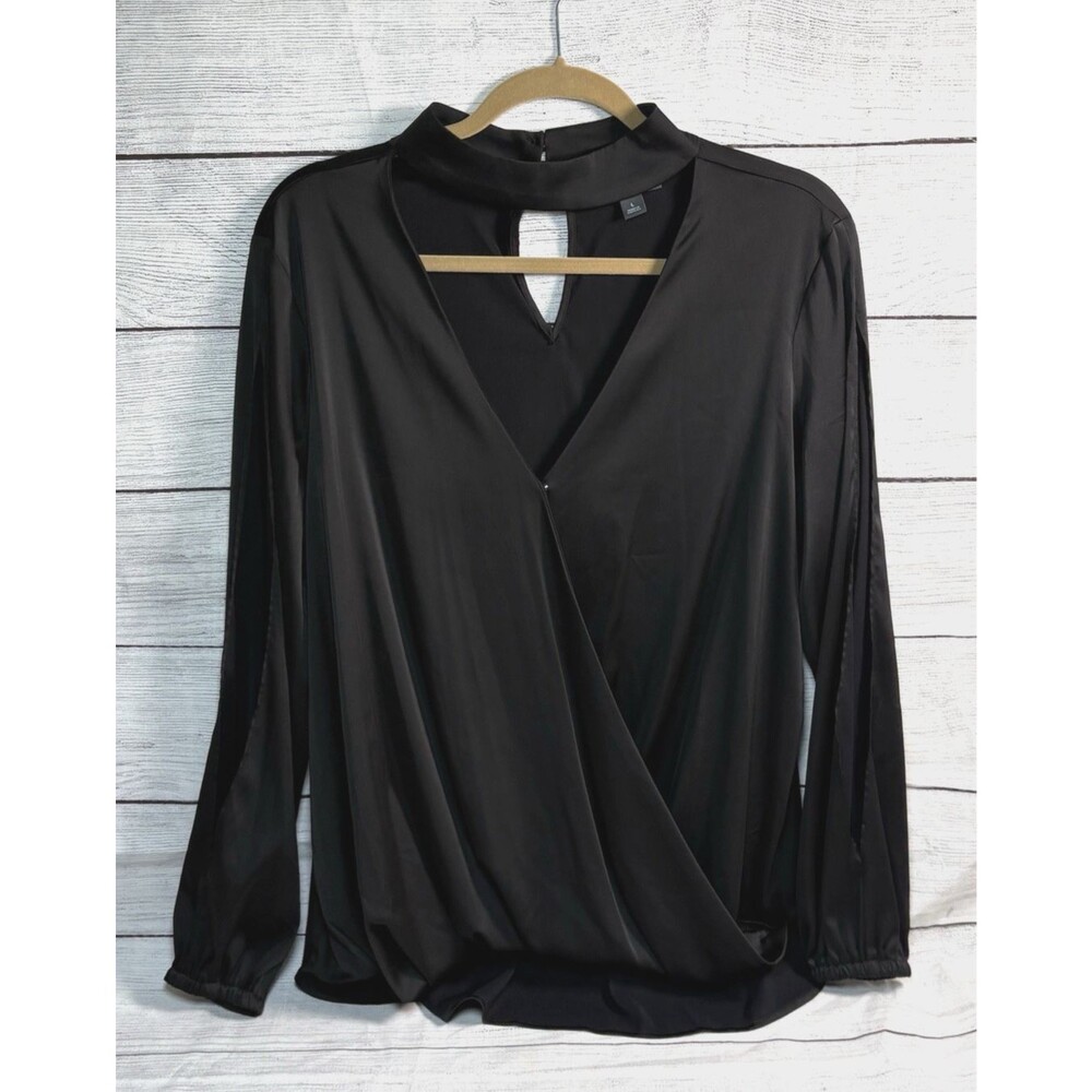 Bold Elements Cut to Curve Top Wrap Blouse L Choker Neck LS Black Open Sleeve